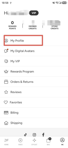 mi página de perfil en la aplicación justfab