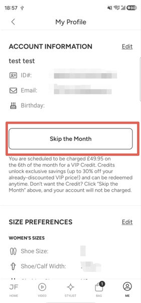 botón para omitir el mes en la aplicación justfab